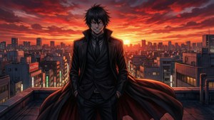 動漫男子穿著黑色外套在火紅夕陽下的城市屋頂上。