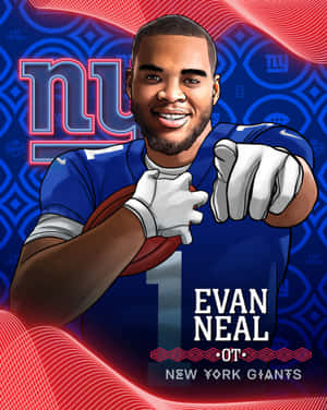 美式足球員Evan Neal身穿紐約巨人隊制服，手持足球並向前指。