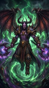 一個帶有翅膀和發光武器的惡魔戰士站在魔法風暴中。 — 爐石戰記 壁紙