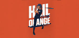 壘球運動員在橙色背景上揮棒，帶有「Hail to the Orange」文字。
