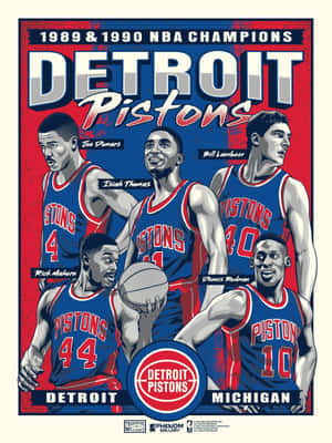 1989 1990 年底特律活塞隊 NBA 冠軍插圖海報，五名身穿藍紅球衣的球員。