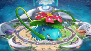 Bulbasaur 喺一個有發光建築物同星空嘅未來城市上面漂浮。