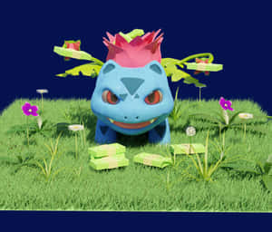藍色 Bulbasaur 有粉紅色花頭，企喺有花同綠色方塊嘅草地上。 — 動漫 壁紙