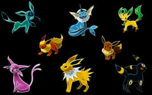 七隻發光的 Pokémon 伊布進化型，在黑色背景上呈現多種顏色。