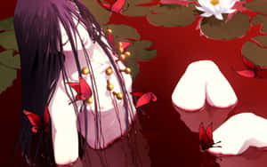 黑髮動漫女孩漂浮在紅色的水中，有蝴蝶和百合。