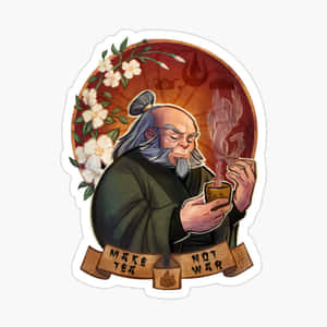智慧老人啜飲茶，伴隨著櫻花和「make tea not war」橫幅。