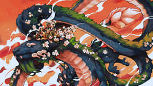 一條黑龍被櫻花纏繞，背景是熾熱的橙色天空。