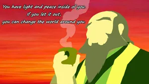 一位明智的賢者喝著茶,身後夕陽閃耀,上方有振奮人心的話語。