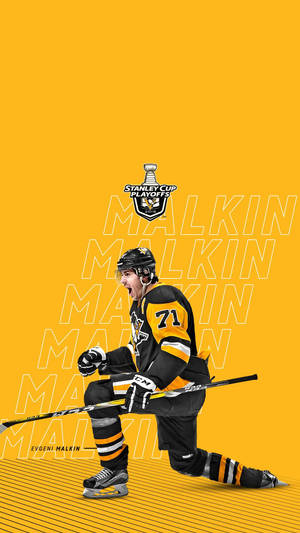 冰球運動員 Evgeni Malkin 身穿黑金色球衣，手持球棍跪在黃色背景上，附有名字文字及 Stanley Cup Playoffs。