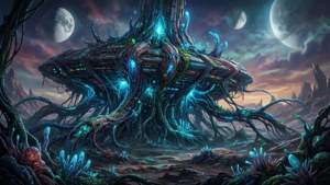 一艘生物機械外星飛船扎根於三個月亮下的外星地形。
