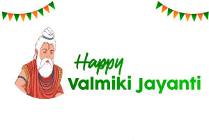 聖人瓦爾米基插圖，配有三色旗幟和「Happy Valmiki Jayanti」文字。