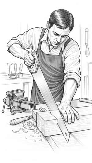 男人在工坊裡用工具和木屑鋸木頭