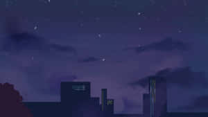 夜晚城市天際線，發光的建築物在繁星點點的紫色天空下。