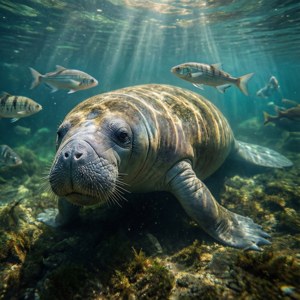 海牛在水中與魚和陽光一起游泳。