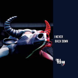 一個兇猛的藍紅公牛吉祥物，帶有文字「I NEVER BACK DOWN」和「I'M A TEXAN」。