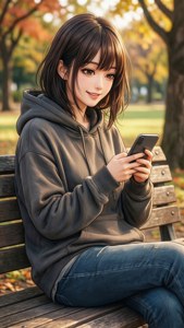年輕女子穿連帽衫在公園長椅上微笑使用手機，周圍是秋葉 — iPhone 7 Plus 壁紙