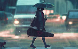 動漫女孩戴著耳機在雨中撐傘拿結他盒，附近有貓。