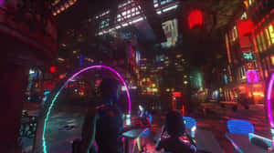 夜晚霓虹燈照亮的城市小巷中的賽博朋克角色。