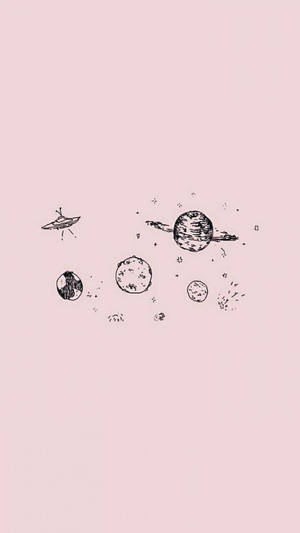 粉紅色背景上的行星和UFO素描
