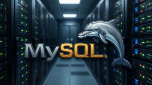 MySQL 標誌，海豚在發光伺服器機房中