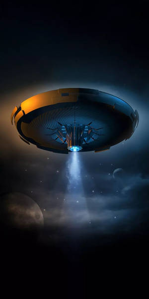 在行星和恆星附近的太空中帶有發光光束的未來風格UFO。