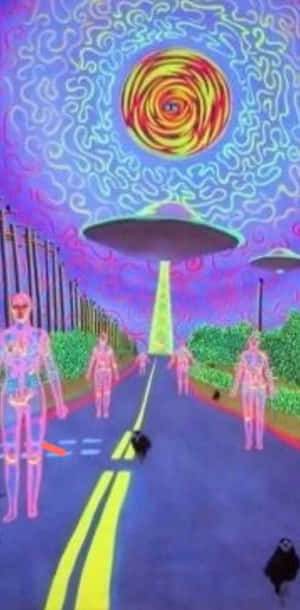 外星人在旋轉的漩渦太陽下沿著發光的道路走向UFO。 — 奇怪 GIF 壁紙
