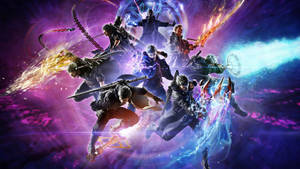 動漫戰士以動態戰鬥姿勢手持發光武器，背景為宇宙能量。