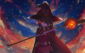 動漫女巫在星空下拿著發光法杖，背景有火雲。