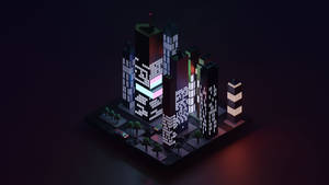 夜晚被照亮的像素化城市建築，帶有發光的窗戶和路燈。