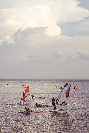 風帆衝浪者和槳板衝浪者在多雲天空下的平靜海面上。 — 海浪 壁紙