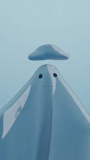 一個藍色幽靈,頭頂有雲,漂浮在平靜的天空中。