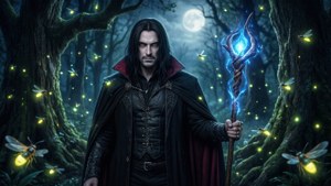 吸血鬼法師在夜間魔法森林中手持發光法杖。