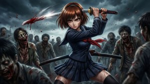 動漫女孩穿著校服，在暴風雨的天空下用沾血的武士刀與殭屍戰鬥