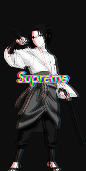 動漫忍者角色宇智波佐助手持帶有彩虹Supreme標誌的劍。 — 火影忍者 壁紙