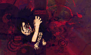 動漫角色，紅眼睛和黑色標記，被單詞 pain 和 anger 包圍。