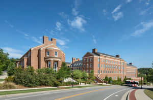 大學校園，有磚建築和綠樹，在清澈藍天下。