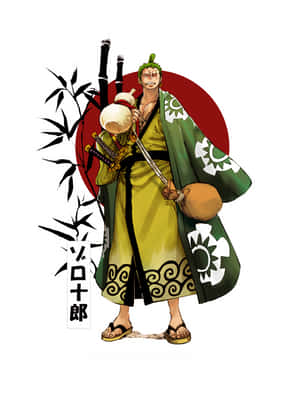 身穿綠色長袍的動漫武士戰士，手持劍，背景是竹子和紅太陽。 — 海賊王 壁紙
