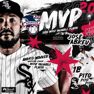 棒球運動員 José Abreu 被譽為 2020 年美國聯盟 MVP，帶有大膽的紅色星星和球隊品牌。