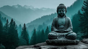 霧氣瀰漫的山林景觀中的石佛像 — 森林 壁紙