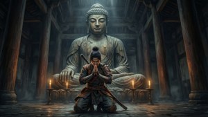 武士在燭光照亮的寺廟中，向一尊巨大的佛像鞠躬致敬。