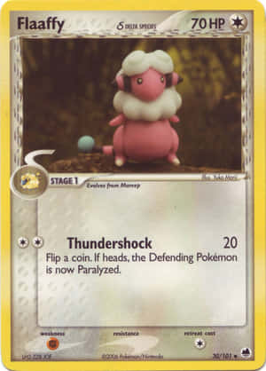 Flaaffy Pokémon卡，展示一隻帶有白色羊毛的粉紅色羊狀生物。 — 卡通 壁紙