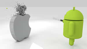 綠色Android機械人在白色工作室中用粒子碎片炸毀灰色Apple標誌。