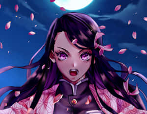 滿月下，紫色頭髮和眼睛的動漫女孩，櫻花飄落。 — 鬼滅之刃 禰豆子 壁紙