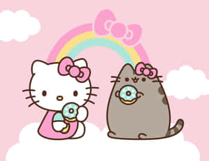 Hello Kitty 和 Pusheen 在雲上，在彩虹下吃冬甩。