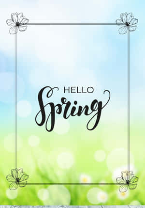Hello Spring 問候語，帶有花卉框架，置於草地上