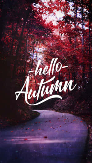 蜿蜒的森林小徑，有紅葉和 'hello autumn' 文字。