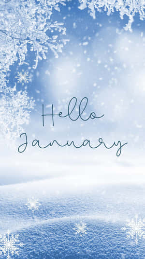 結霜的冬季場景，帶有雪花和 Hello January 文字。