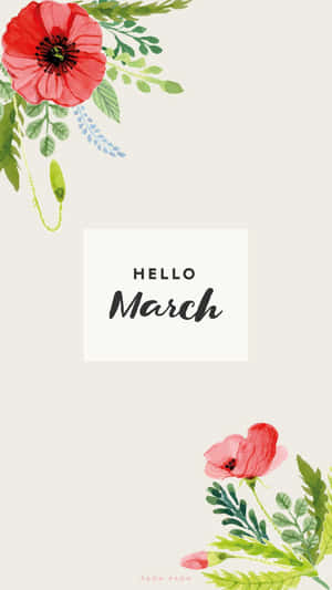 Hello March 問候，以水彩風格呈現紅色罌粟花和綠色葉子。