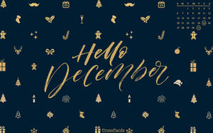 深藍色壁紙，帶有金色聖誕圖標和 'Hello December' 文字。