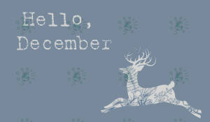 帶有葉狀圖案和「Hello, December」文字的藍色背景裝飾性鹿插圖。